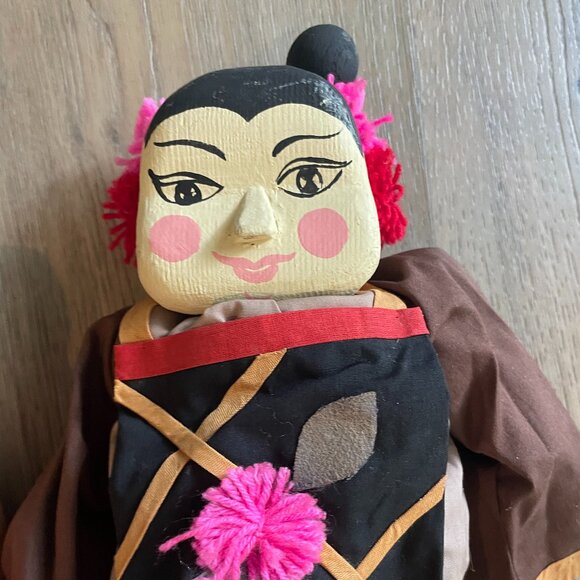 Asian Wooden & Plush Collectible Set of 2 Dolls Vintage Hand Painted Jointed 18" - Picture 3 of 6